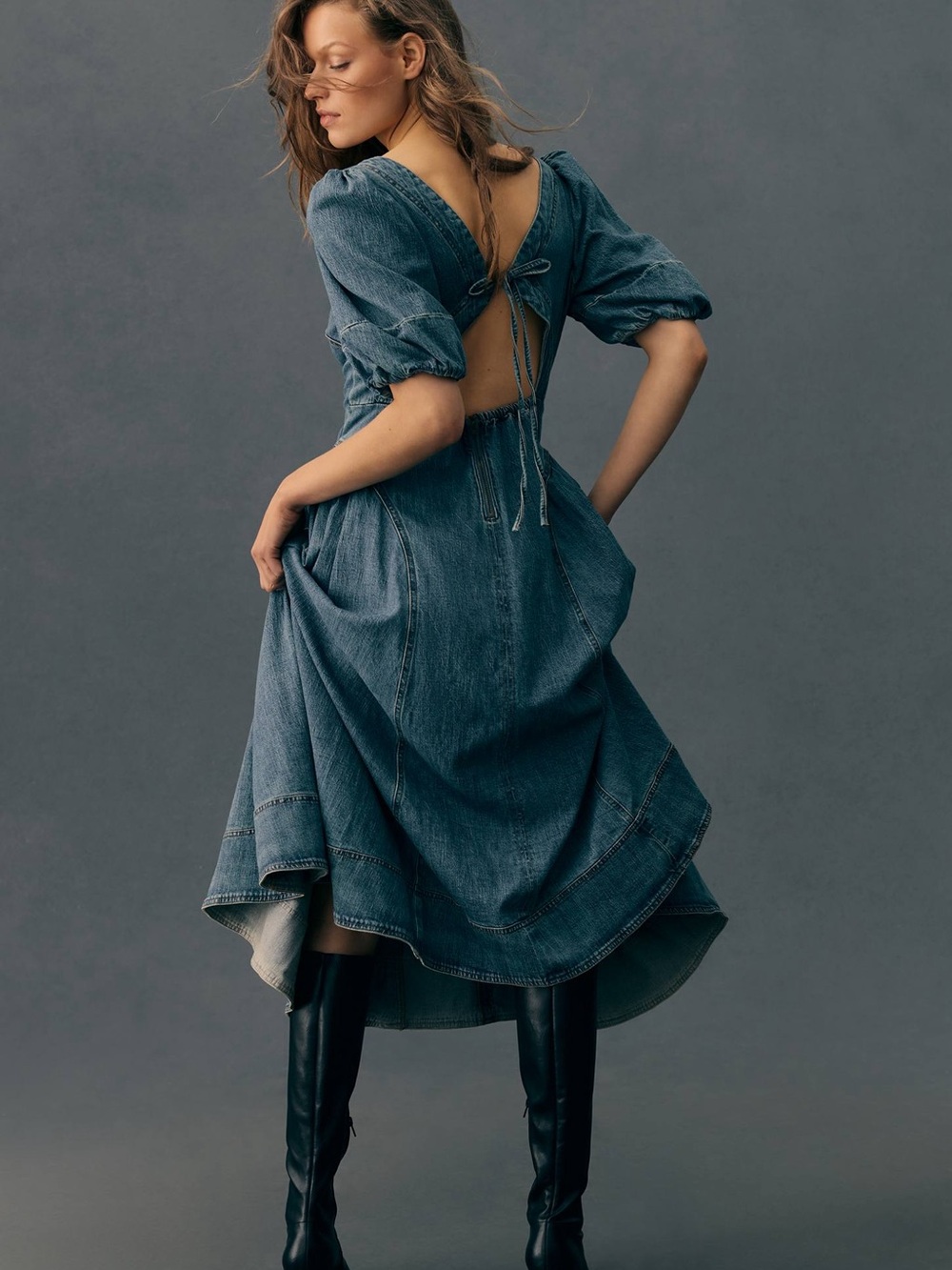 Pilcro puff sleeve seamed denim midi dress blue size medium - Picture 1 of 13